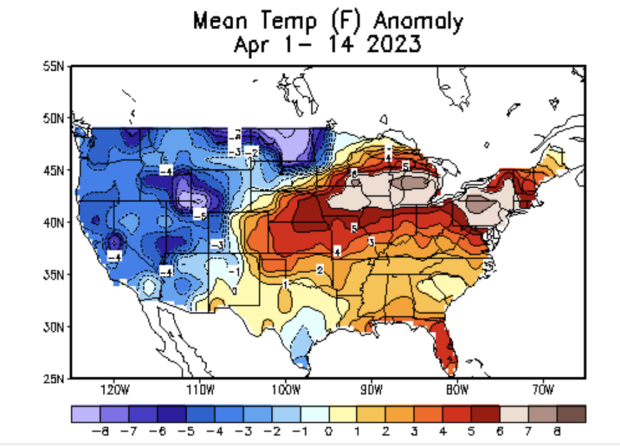 U.S. temperature Anomaly for April 1-14, 2023.