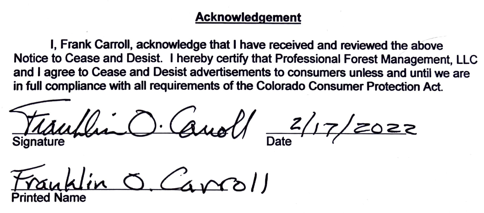 Acknowledgement of cease-and-desist letter